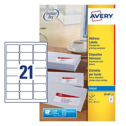 Avery J8160-25, Branco, A4, Papel, Jato de Tinta,.