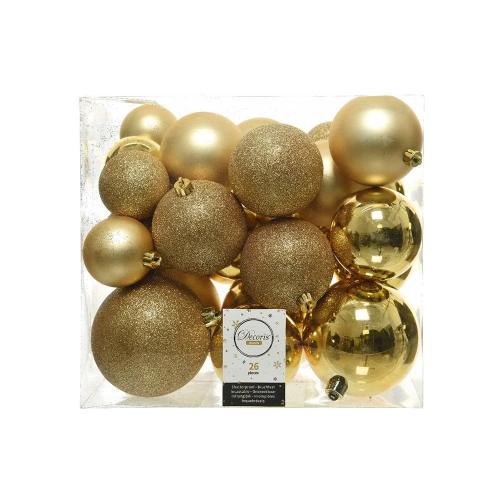 Caixa de 26 Bolas Douradas de Vários Tamanhos Ø6cm/Ø8cm/Ø10cm