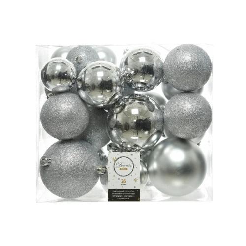 Caixa de 26 Bolas Prateadas de Vários Tamanhos Ø6cm/Ø8cm/Ø10cm