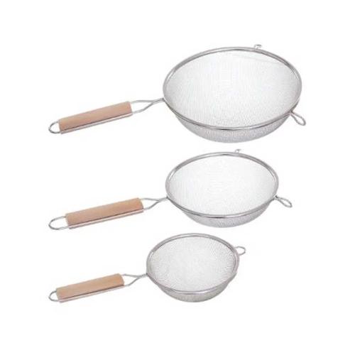 Conjunto de 3 peneiras de aço inoxidável + madei.