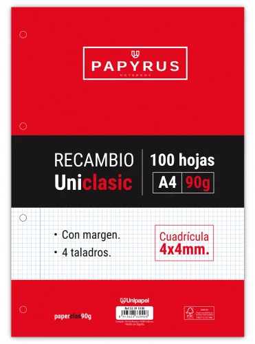 Recambio Paquete 100 Hojas A4 Uniclasic 90 Gr. 4x.