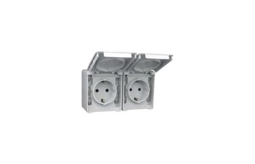 Tomada Dupla Schuko Horizontal Cinzenta