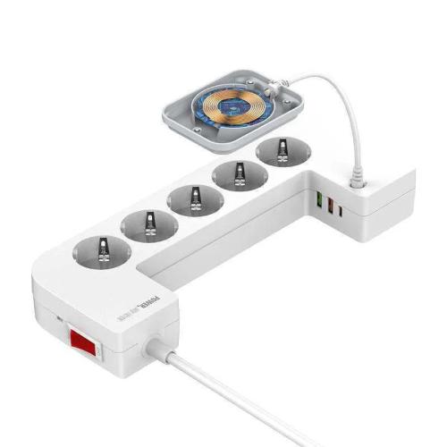 Power strip with 5 AC sockets, 3x USB, with induc.