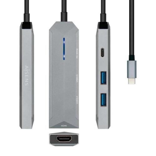 Hub Usb Aisens Usb-C Dock 4 En 1, Usb-C a 1xhdmi, 2xusb, 1xpd, Gris, 15 Cm