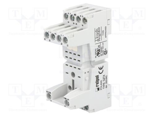 Base, PIN: 14, 6A, 250VAC, T-R4, para trilho DIN,.