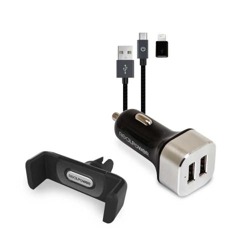 Realpower Kfz-Ladegerät Set + Kabel + Halterung Smartphone