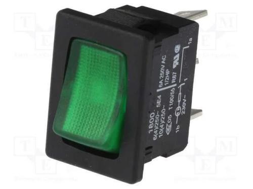 ROCKER, SPST, Pos: 2, ON-OFF, 10A/250VAC, verde, .