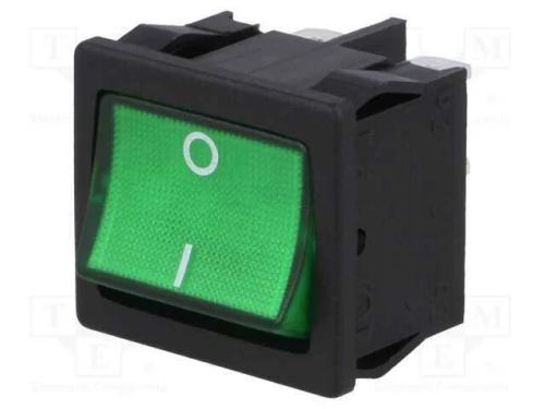ROCKER, DPST, Pos: 2, ON-OFF, 10A/250VAC, verde, .