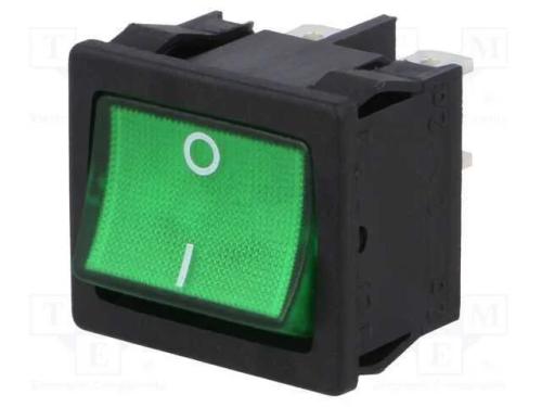 ROCKER, DPST, Pos: 2, ON-OFF, 12A/250VAC, verde, .