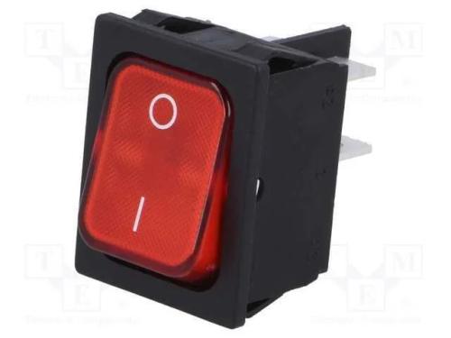 ROCKER, DPST, Pos: 2, ON-OFF, 10A/250VAC, vermelh.