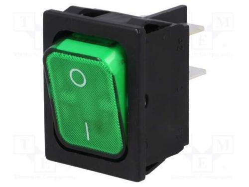 ROCKER, DPST, Pos: 2, ON-OFF, 20A/250VAC, verde, .