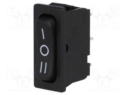 ROCKER, SPDT, Pos: 3, ON-OFF-ON, 6A/250VAC, preto.