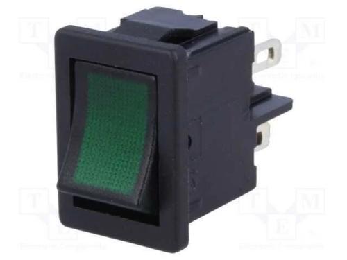 ROCKER, DPST, Pos: 2, ON-OFF, 4A/250VAC, verde, I.