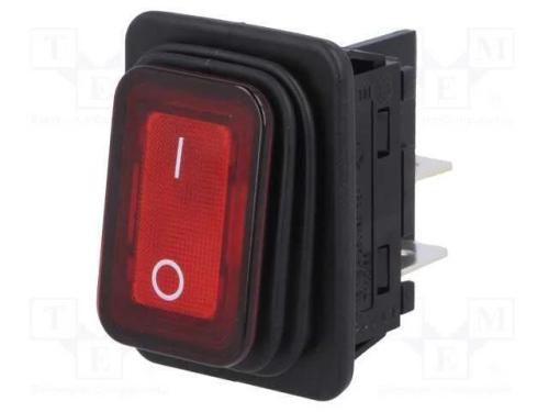 ROCKER, DPST, Pos: 2, ON-OFF, 20A/250VAC, vermelh.