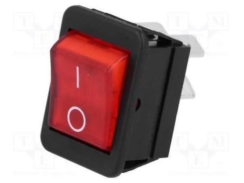 ROCKER, DPST, Pos: 2, ON-OFF, 16A/250VAC, vermelh.