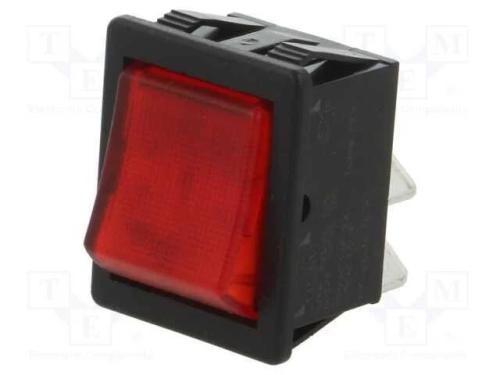 ROCKER, DPST, Pos: 2, ON-OFF, 16A/250VAC, vermelh.