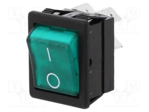 ROCKER, DPST, Pos: 2, ON-OFF, 16A/250VAC, verde, .
