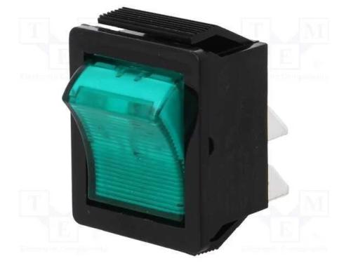 ROCKER, DPST, Pos: 2, ON-OFF, 16A/250VAC, verde, .
