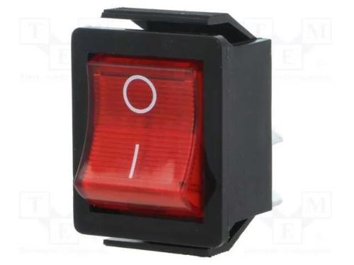 ROCKER, DPST, Pos: 2, ON-OFF, 16A/250VAC, vermelh.
