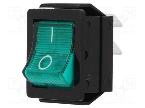 ROCKER, DPST, Pos: 2, ON-OFF, 16A/250VAC, verde, .