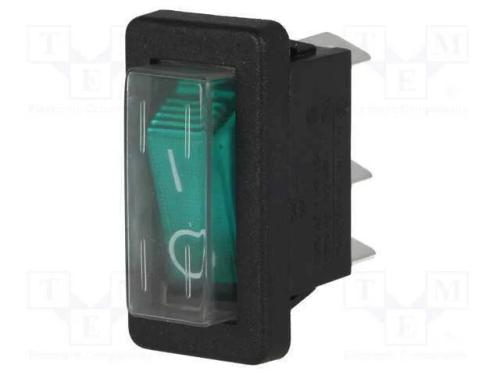 ROCKER, SPST, Pos: 2, ON-OFF, 16A/250VAC, verde, .