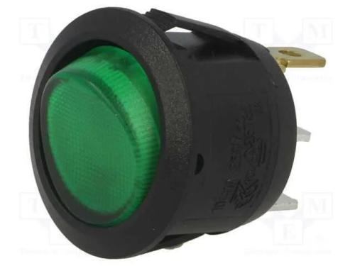 ROCKER, SPST, Pos: 2, ON-OFF, 6A/250VAC, verde, l.