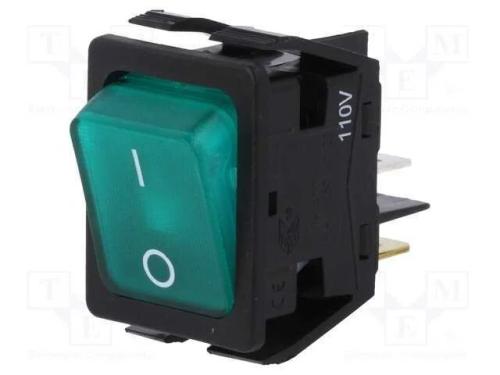 ROCKER, DPST, Pos: 2, ON-OFF, 16A/250VAC, verde, .