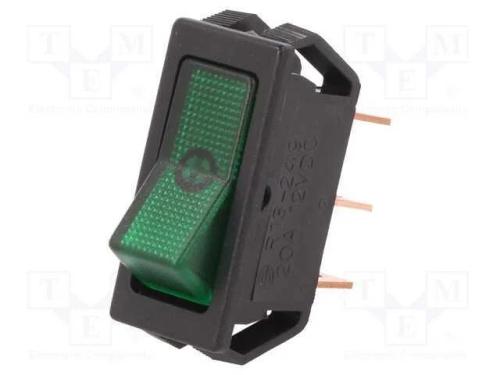 ROCKER, SPST, Pos: 2, ON-OFF, 20A/12VDC, verde, l.