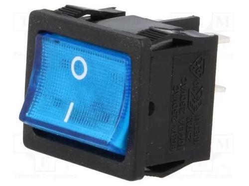 ROCKER, DPST, Pos: 2, ON-OFF, 6A/250VAC, azul, lâ.