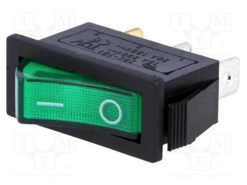ROCKER, SPST, Pos: 2, ON-OFF, 15A/250VAC, verde, .