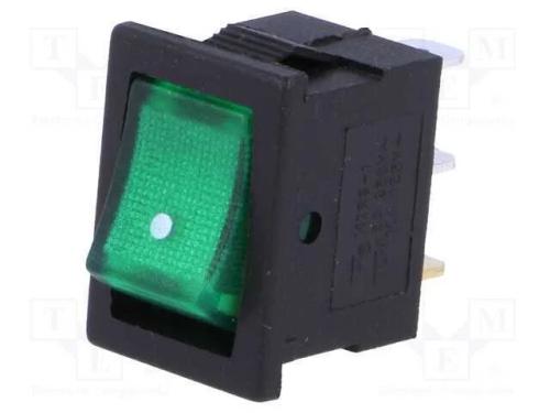 ROCKER, SPST, Pos: 2, ON-OFF, 3A/250VAC, verde, l.