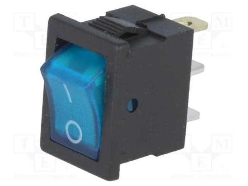 ROCKER, SPST, Pos: 2, ON-OFF, 3A/250VAC, azul, lâ.