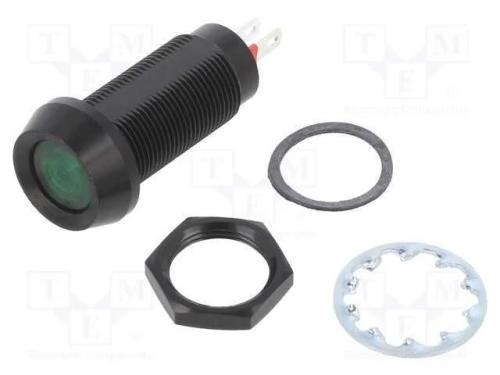 Luz indicadora: LED, plana, verde, 5÷6VDC, 12,7mm.