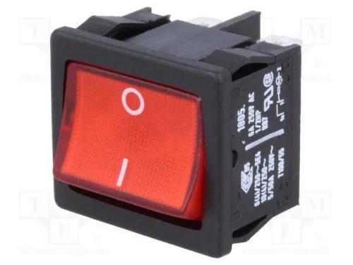 ROCKER, DPST, Pos: 2, ON-OFF, 10A/250VAC, vermelh.