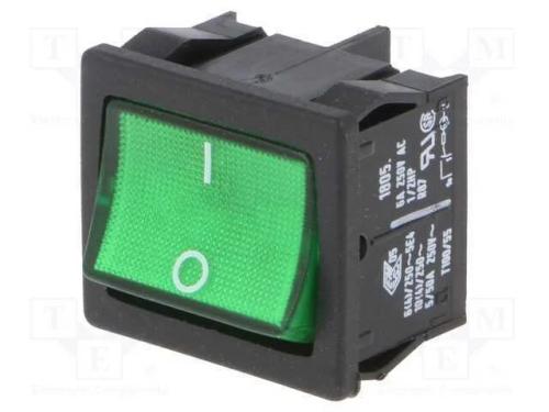 ROCKER, DPST, Pos: 2, ON-OFF, 6A/250VAC, verde, I.