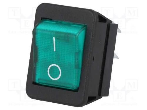 ROCKER, DPST, Pos: 2, ON-OFF, 16A/250VAC, verde, .