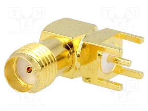 Tomada, SMA, fêmea, angulares 90, THT, dourado