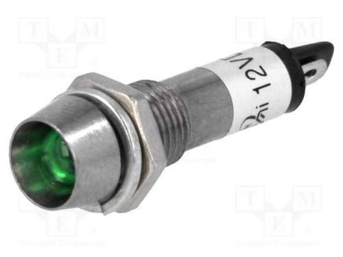 Luz indicadora: LED, côncavo, verde, 12VDC, 8,2mm.