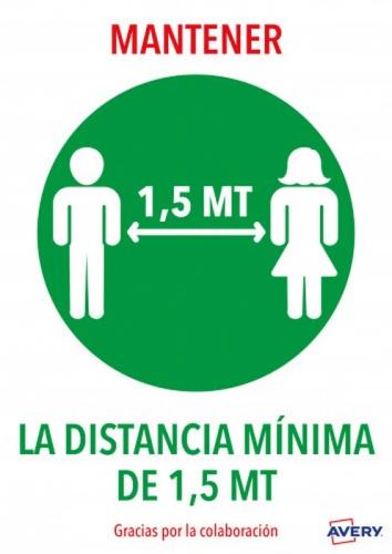Sinais Adesivos Pré-Impressos "Manter Distância Mínima 1,5 Mt" Envelope de 2 Folhas em A4 Avery Av_