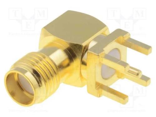 Tomada, SMA, fêmea, angulares 90, THT, PTFE, dour.
