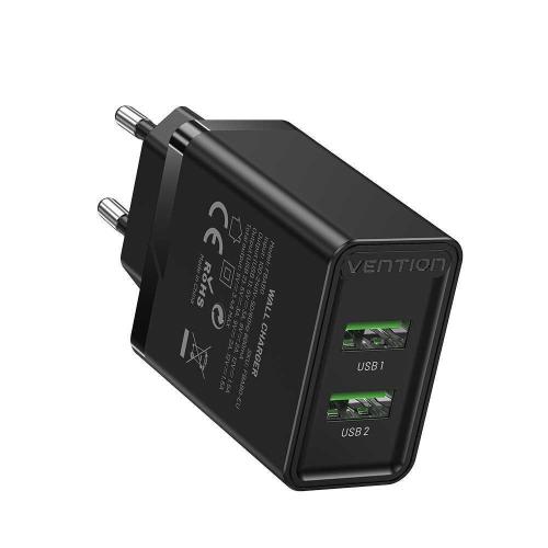 Cargador de Pared Vention Fbab0-Eu/ 2xusb/ 18w/ Negro