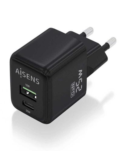 Cargador Gan de Pared Aisens Asch-25w2p015-Bk/ 1xusb Tipo-C/ 1xusb/ 25w