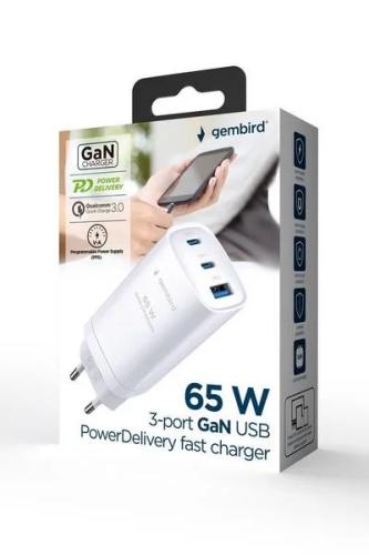 Gembird Ta-Uc-Pdqc65-01-W 3-Port 65 W Gan Usb Powerdelivery Fast Charger White