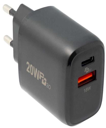 Cargador de Pared Con Usb-C Y Usb-A 20w, Negro