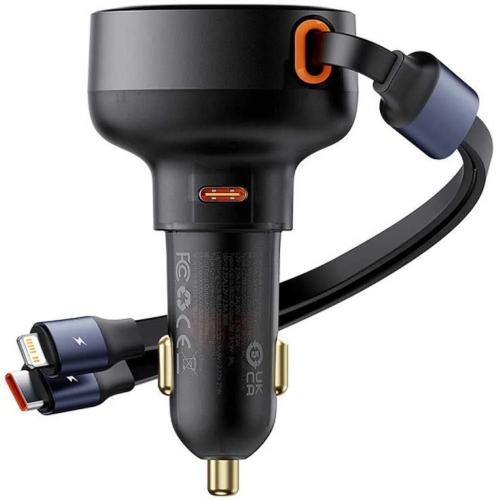 Baseus Carregador de Isqueiro + Cabo Retrátil 2em1 Tipo C/Lightning Pd3.0 Qc4.0 3a 60w Preto