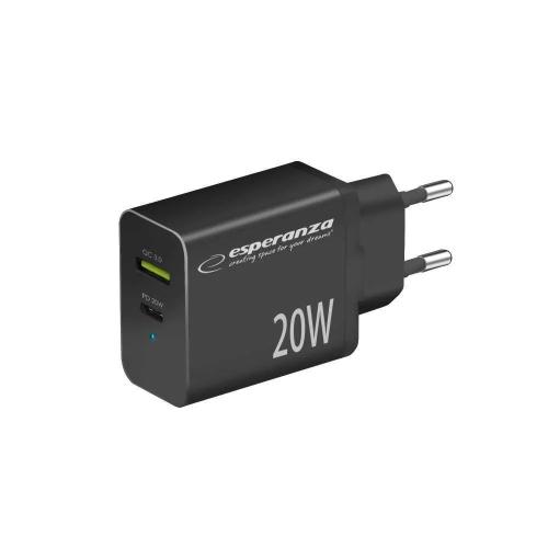 Esperanza Quick Power Charger 20w Usb-C Pd 20w / Usb-A Qc 3.0 18w Black