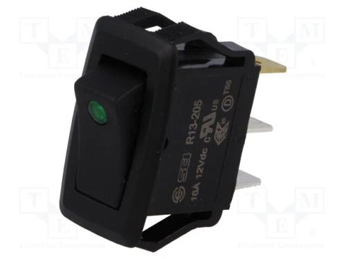 ROCKER, SPST, Pos: 2, OFF-(ON), 16A/12VDC, preto,.