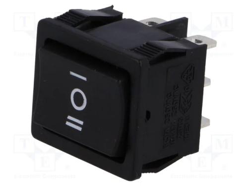 ROCKER, DP3T, Pos: 3, ON-OFF-ON, 6A/250VAC, preto.
