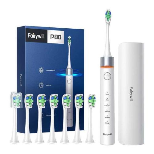 Fairywill Fw-P80 Sonic Toothbrush With Tip Set And Case (White)