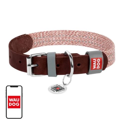 Dog Collar Made Of Natural Leather And Recycled Material With Qr Code Waudog Size M, Width 20 Mm, Br